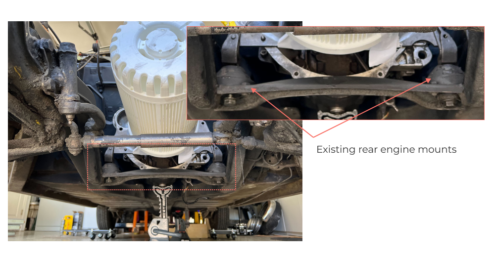 Detail view of Mercedes 220S engine mounts