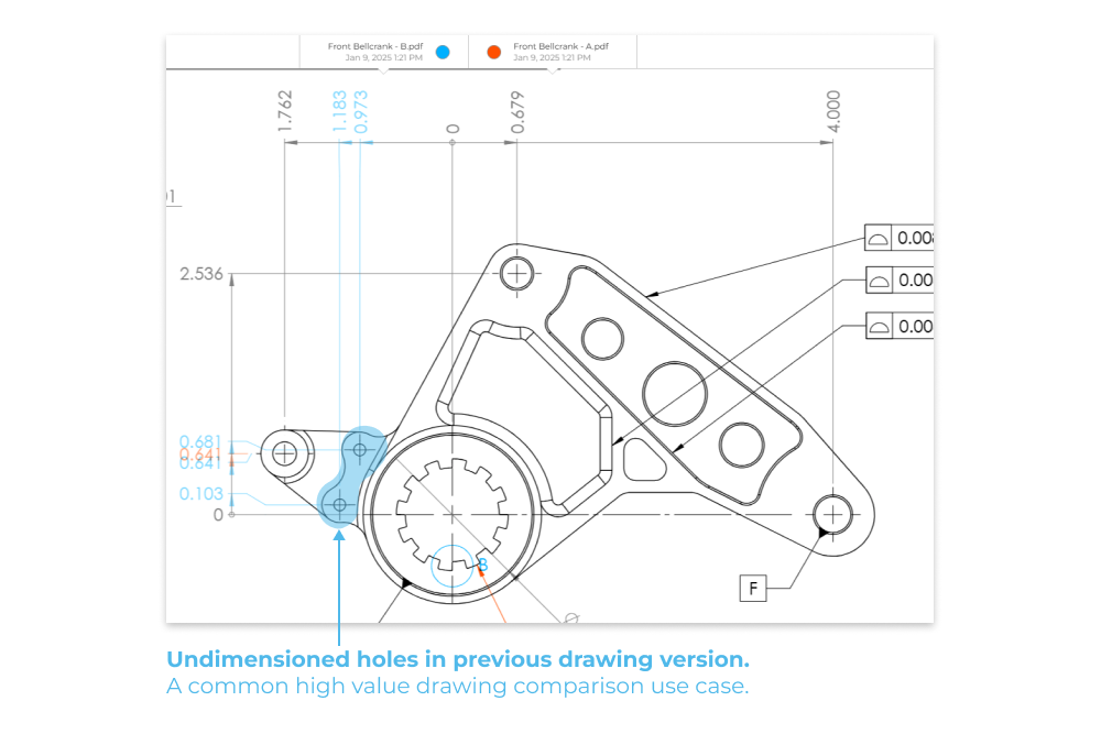 A drawing comparison highlighting a missing set of dimensioned holes on the part view