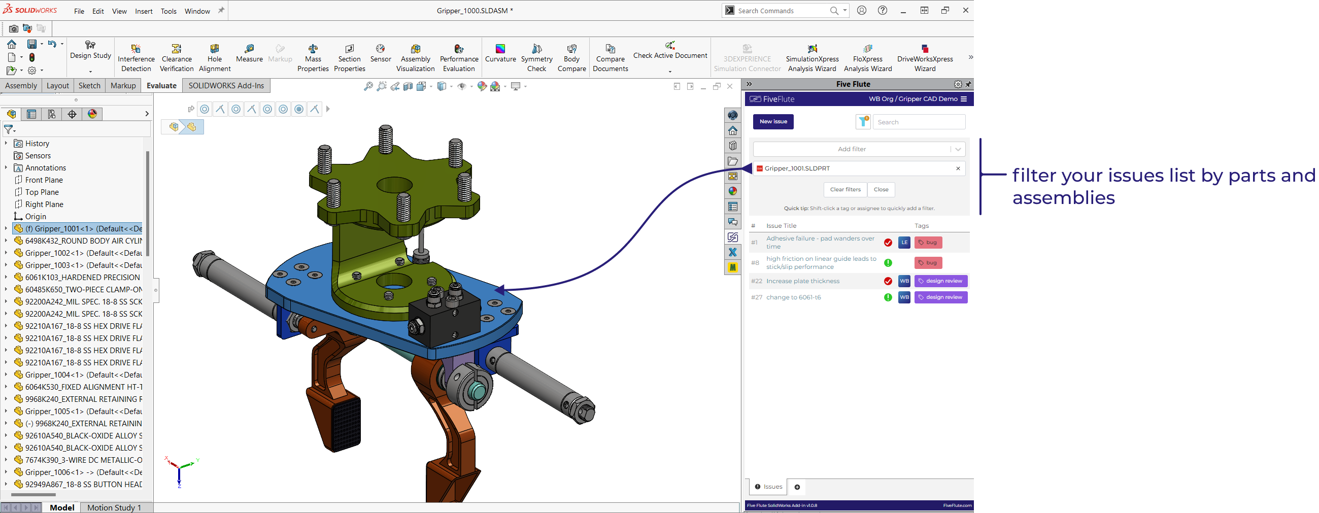 Five Flute SolidWorks add-in - filter by part functionality